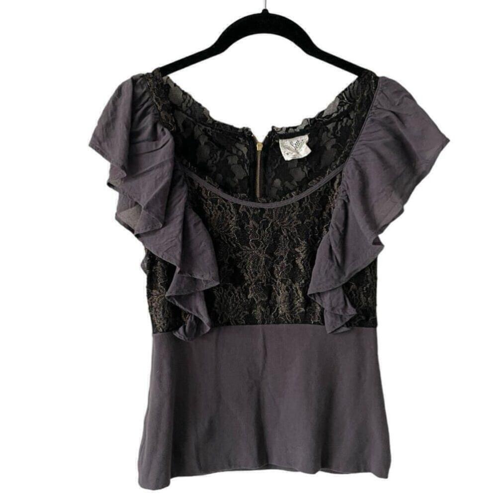 Free People Floral Lace Ruffles Accent Scoop Neck Casual Blouse Black Small